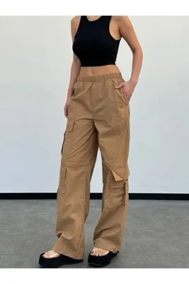 HerTon Kadın Kargo Cepli Lastik Bel Oversize Paraşüt Pantolon
