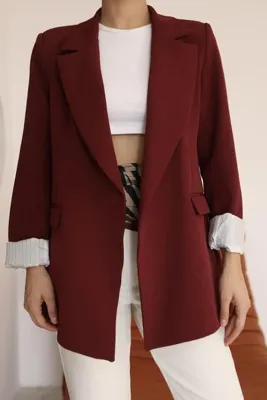 Hazel Kadın Kırmızı Kol Detaylı Blazer Ceket