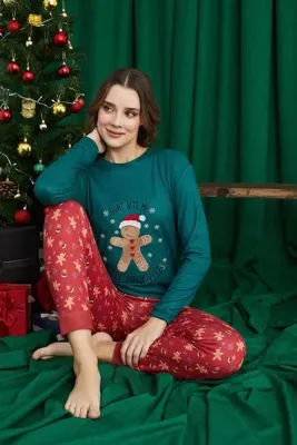 ELİTOL Yeşil Don't Bite Me Yılbaşı Desenli Luxury Termal Kadın Pijama Takım
