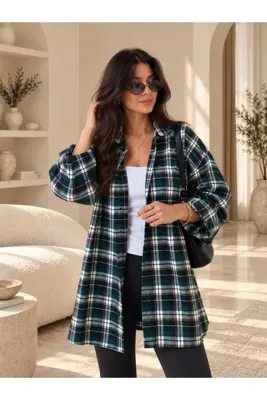 Genel Markalar Zümrüt - Ekru Ekose Desenli Oversize Tek Cepli Pamuklu Gömlek