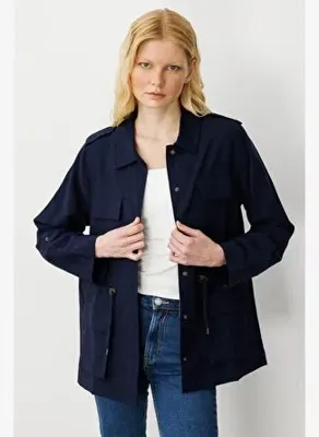 Desen Kadın Safari Model Keten Ceket Lacivert