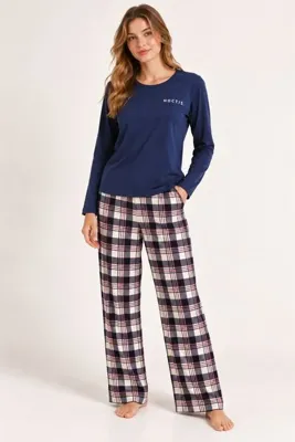 İPEKTENİM Yazı Baskılı Ekose Desenli Couple Kadın Pijama Takımı