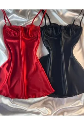 Harness İzora SİYAH ve KIRMIZI Dantel Detaylı Askılı Saten Mini Elbise (2'Lİ PAKET)