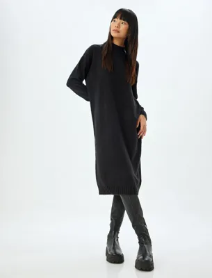 Koton Triko Elbise Midi Boy Dik Yaka Uzun Kollu Düşük Omuzlu Bol Kalıp