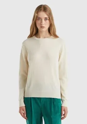United Colors of Benetton Kadın Krem Bisiklet Yaka %100 Merino Kazak
