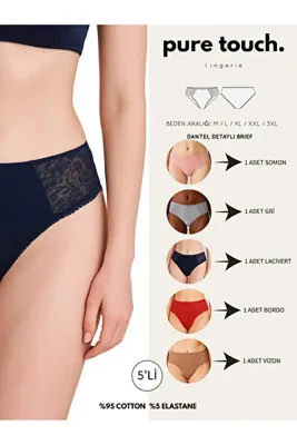 aura pure touch Kadın Dantel Detaylı Pamuklu 5'li Paket Külot / Somon - Gri - Lacivert - Bordo - Vizon