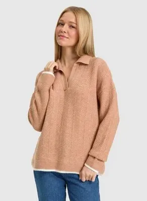 U.S. Polo Assn. CAMELI Turuncu Kadın Polo Yaka Çizgili Comfort Fit Kazak