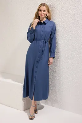 Trendyol Modest Lacivert Keten Görünümlü Dokuma Elbise TCTSS25EB00093