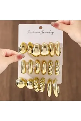 perry accessories 9 çift küpe seti bombe küpe bottega küpe halka küpe tırtıklı küpe kadın gold küpe seti 9 çift