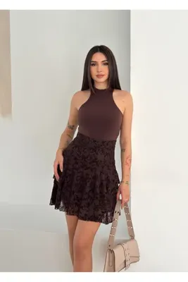 MİSPİER Flok Baskılı Tüllü Astarlı Mini Etek