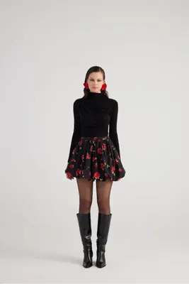 Holly Lolly Balon Model Gül Desenli Mini Donna Etek Siyah