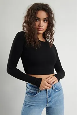 PUNKY CAT Kadın Siyah Uzun Kollu Crop Sweatshirt