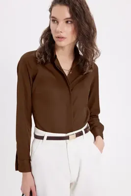 Tudors Kadın Slim Fit Dar Kesim Vucüda Oturan Uzun Kollu Gizli Düğme Detaylı Kahverengi Basic Gömlek