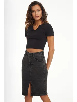 It's Basic Kadın Füme Renk Erica Elastanlı Midi Boy Yüksek Bel Yırtmaçlı Jean Etek