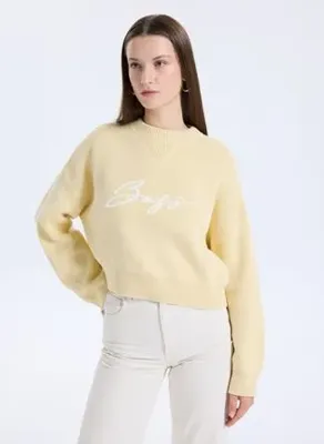 BOSS Sarı Kadın Bisiklet Yaka Yazı Baskılı Kazak 50543979