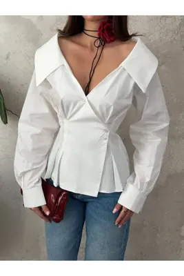 PG GİYİM BEYAZ GENİŞ YAKALI PİLELİ GÖMLEK