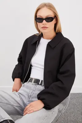 Fulla Moda Fermuarlı Polo Yaka Bomber Ceket