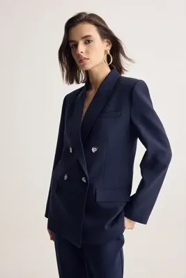Muse for all x Trendyolmilla Lacivert Kruvaze Kapama Regular/Normal Kalıp Vatkalı Blazer Ceket TWOSS26BC00034