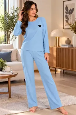 PİJART Kadın mavi fitilli örme pijama takımı