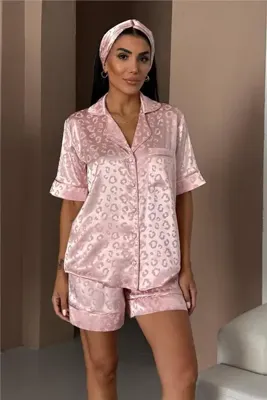 COCCOLARSI Tigre Affascinante Pudra Pembesi Jakarlı Saten Kısa Pijama Takımı