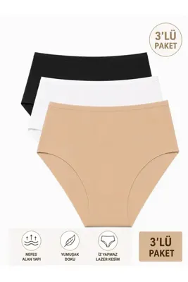 Adeniz Kadın (Beli Lastikli) 3'lü Dikişsiz Lazer Kesim Iz Yapmaz Likralı Yüksek Bel Bikini Slip Külot Premium Esnek ve Yumuşak