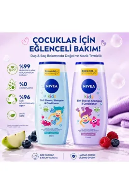 Nivea Kids 3'ü 1 Arada Duş Jeli, Şampuan ve Saç Kremi Seti 250 ml + 250 ml (Magic Elma & Magic Berry)