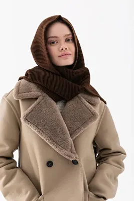 Wega Moda Kapüşonlu Kalın Atkılı Balaclava Kadın — Triko Kapşon Şal | Yumuşak Dokulu Kışlık Aksesuar - Kahve