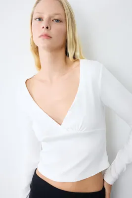 Defacto Fitted V Yaka Ribana Crop Basic Tişört