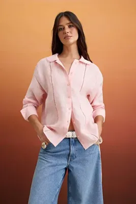 TRENDYOLMİLLA Pembe  %100 Keten Nakış Detaylı  Gömlek TWOSS26GO00047
