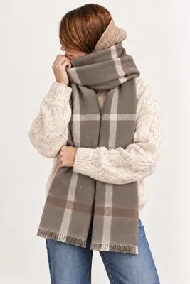 OUS Kadın Vizon Ekru Ekose Büyük Boy Şal 180x65 cm Yumuşak Dokulu Püsküllü Kışlık Şal Atkı – Omuz Şalı