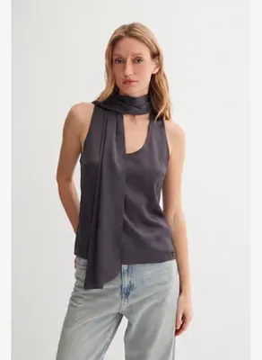 Silk and Cashmere Antrasit Estrella Saf İpek Kolsuz Bluz