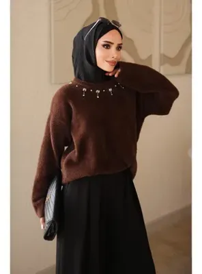 İmaj Butik Kahverengi Bisiklet Yaka Taşlı Angora Yumoş Triko Kazak