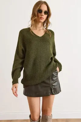 Olalook Kadın Haki V Yaka Selanik Örgü Oversize Triko Tunik TNK-19000081