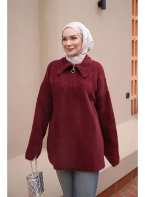 İmaj Butik Bordo Yaka Fermuarlı Angora Yumoş Triko Kazak
