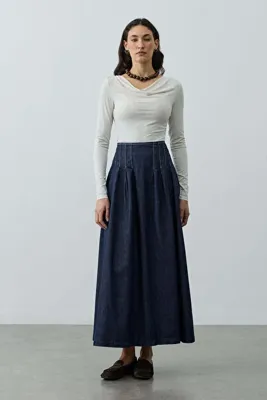 Fahhar Pileli Maxi Denim Etek Lacivert