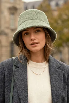 Sofist İstanbul Khaki Bouclé Soft-Textured Thick Bucket Haki Büklet Yünlü Yumuşak Dokulu Kalın Kışlık Kadın Şapka