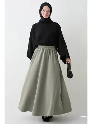 InStyle Pileli Kloş Haki Scuba Etek