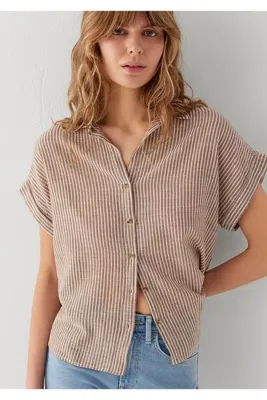 Mavi Kısa Kollu Çizgili Kahverengi Gömlek Loose Fit / Bol Rahat Kesim 1210445-85431