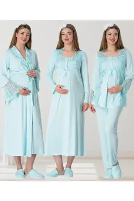 Lohussa Kadın Turkuaz Şal Yaka Dantel İşlemeli Özel Tasarım Lohusa Pijama Gecelik Sabahlık Takımı 4 lü Set