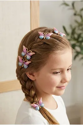 Cinderella Accessories 5'li Pembe Mavi Degrade Kız Çocuk Kelebek Toka Seti - Dolgu Kanatlı Kelebekli Mini Pens Saç Tokası