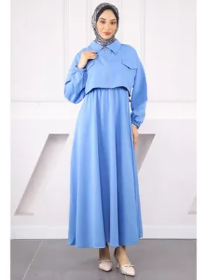 İmaj Butik İndigo Ceket Kombinli Bel Lastikli Elbise