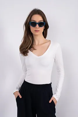 SHEISMONO Cotton V Yaka Bluz Ekru