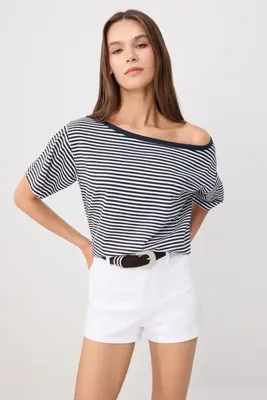 TRENDYOLMİLLA Çok Renkli Çizgili Regular/Normal Kalıp Asimetrik Yaka Yumuşak Örme Bluz TWOSS26BZ01029
