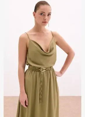 Sateen Degaje Yaka Dökümlü Bluz - Haki