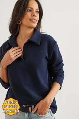 Olalook Kadın Lacivert Polo Yaka Selanik Bluz BLZ-19002810