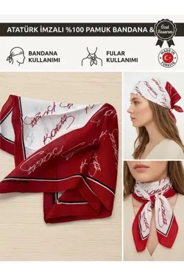 MODA Atatürk İmzalı %100 Pamuk Bandana & Fular - Beyaz / Kırmızı Çok Amaçlı Eşarp