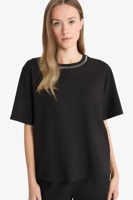 DeFacto Regular Fit Bisiklet Yaka Nakışlı Krep Kısa Kollu Tişört 