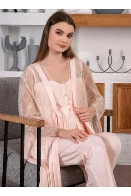 Tuba Göğüs Ve Kolları Dantel Detaylı Sabahlıklı 3 lü Lohusa Pijama Takımı