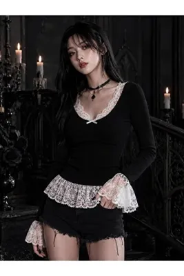İsra Ayyıldız Moonstar Collection Victorian Gothic soft tam boy dantel detaylı uzun kol bluz