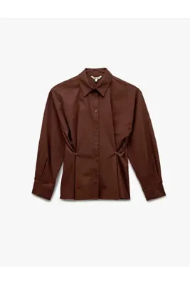 Koton Pamuklu Uzun Kollu Pileli Bel Vurgulu Düğmeli Poplin Oversize Gömlek